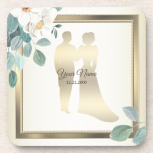 Dessous-de-verre Fleurs de feuilles vertes cadre doré mariage fête
