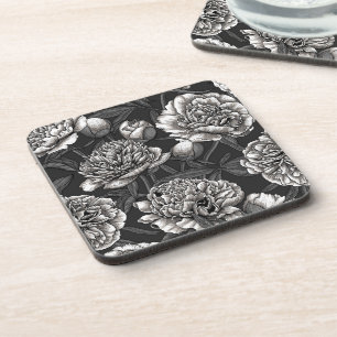 Dessous-de-verre Fleurs de pivoines blanches sur gris foncé
