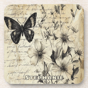Dessous-de-verre Fleurs et papillons rustiques - Papier vieilli (1)