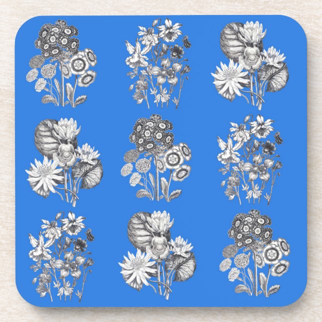 Dessous-de-verre Fleurs monochromes sur arrière - plan bleu électri (Devant)