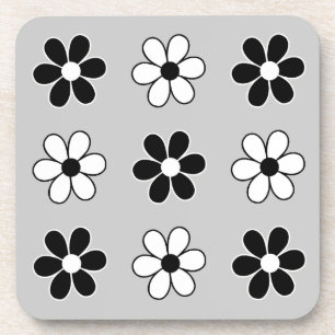 Dessous-de-verre Fleurs noires et blanches modernes sur gris argent