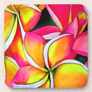 Dessous-de-verre Fleurs roses au néon d'art de plage de Plumeria d