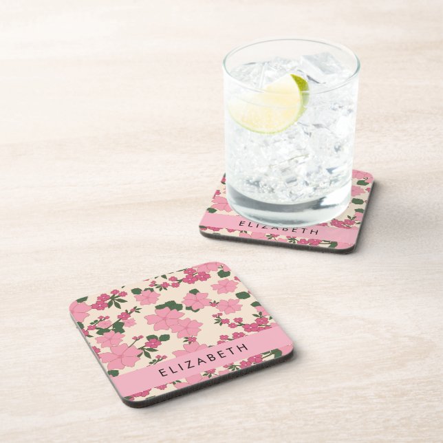 Dessous-de-verre Fleurs Roses, Motif De Fleurs, Votre Nom (Côté Droit)