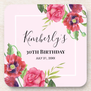 Dessous-de-verre Fleurs roses rouges modernes d'anniversaire sur ro