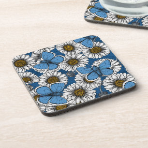 Dessous-de-verre Fleurs sauvages blanches et papillons bleus