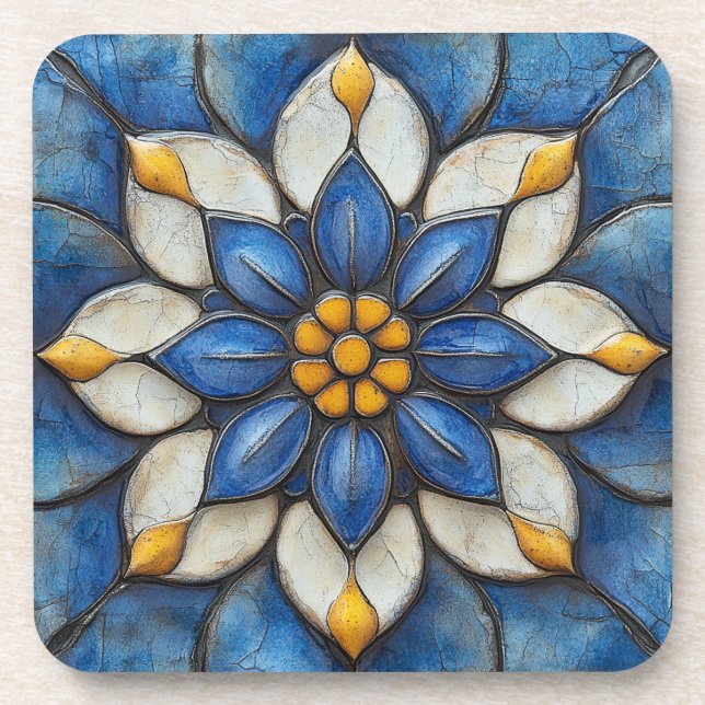 Dessous-de-verre Flore Azulejo bleu blanc et jaune (Devant)