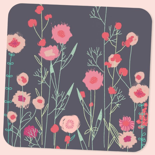 Dessous-de-verre Flore foncé (Boho floral pink and charcoal gray coaster)