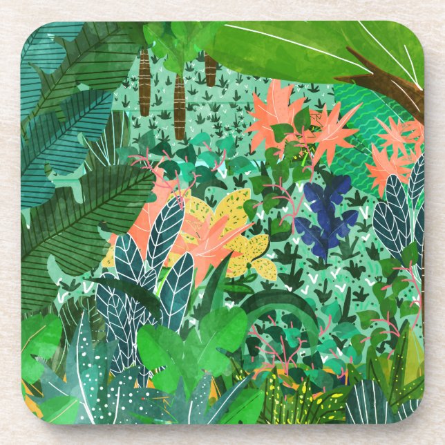 Dessous-de-verre Forêt dense | Jungle colorée nature botanique (Devant)