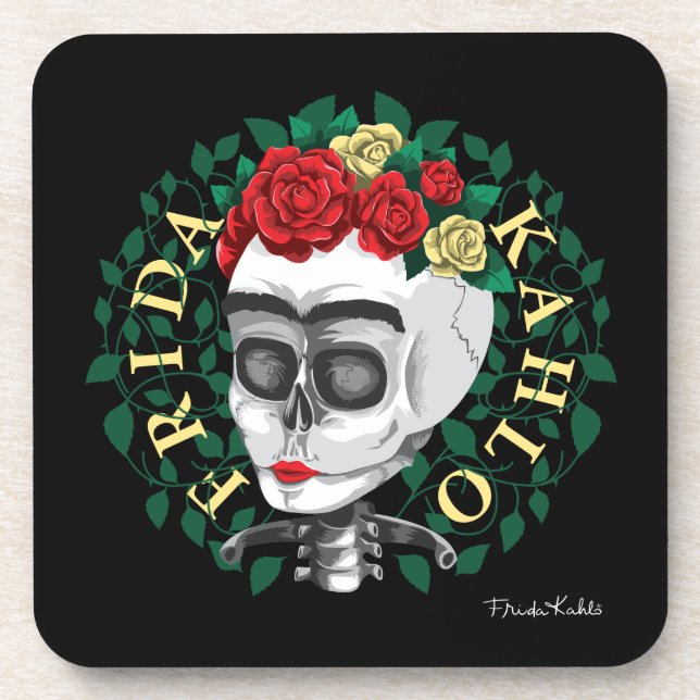 Dessous-de-verre Frida Kahlo | Crâne avec couronne Rose (Devant)