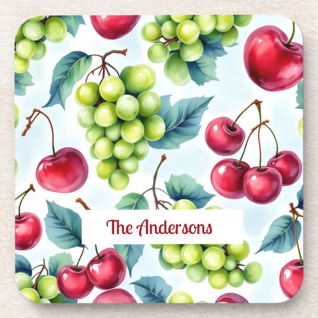 Dessous-de-verre Fruits rouges verts Raisins Cerise Aquarelle (Devant)