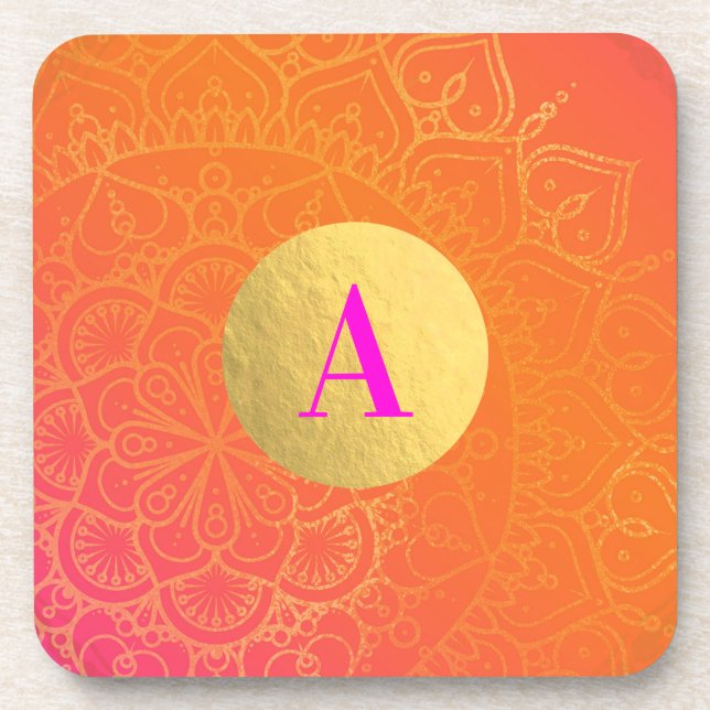 Dessous-de-verre Fuchsia Pink Orange & Gold Indian Mandala Glam (Devant)