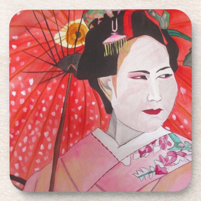 Dessous-de-verre Geisha japonaise avec parapluie rouge art original (Devant)
