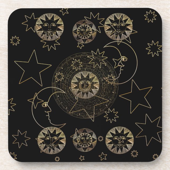 Dessous-de-verre Golden Sun Moon Stars Art d'astronomie céleste (Devant)