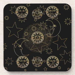 Dessous-de-verre Golden Sun Moon Stars Celestial Astronomy art