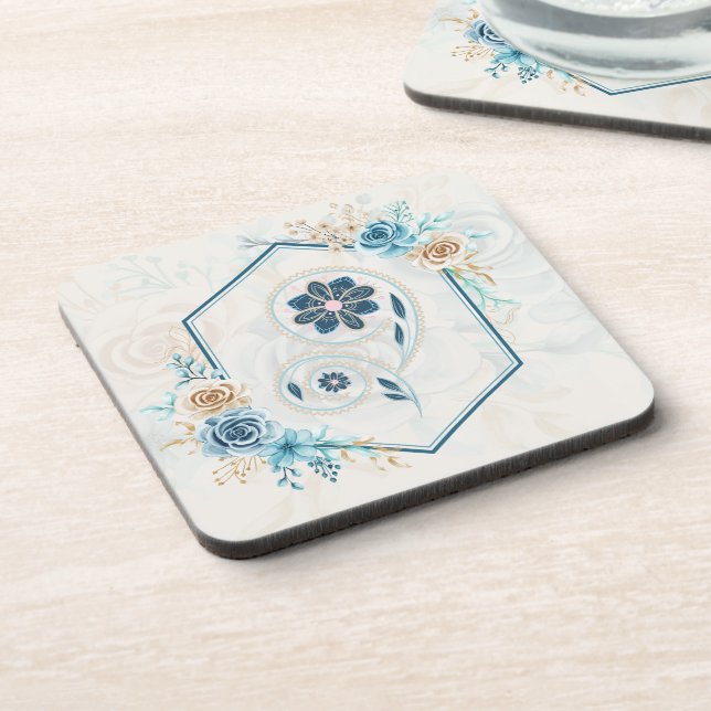 Dessous-de-verre Graphique floral bleu et Turquoise, "Revitalisant  (Côté gauche)