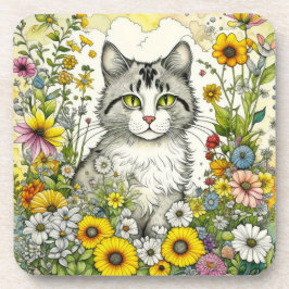 Dessous-de-verre Gray Kitty Chat assis en Fleurs