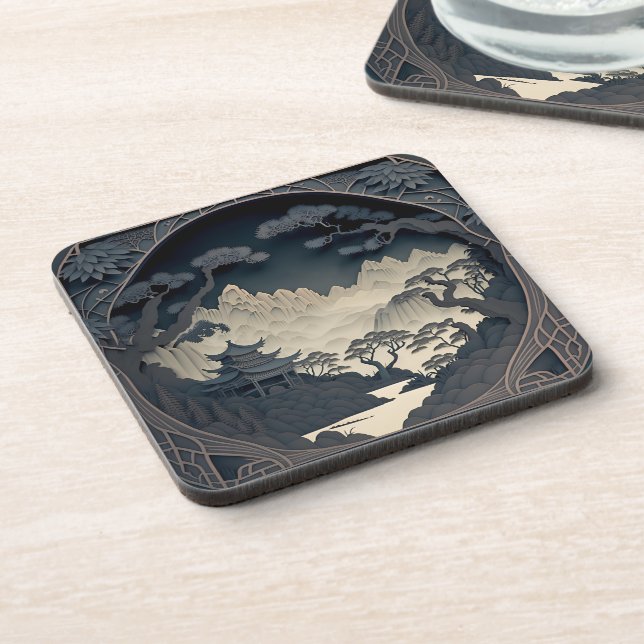 Dessous de verre gris paysage chinois encadré 3D (Côté gauche)