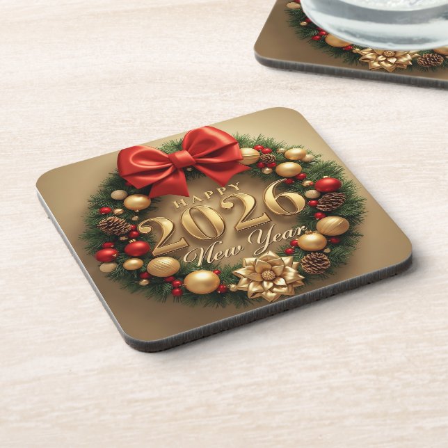 Dessous-de-verre happy new year 2026 golden wreath coasters (Côté gauche)