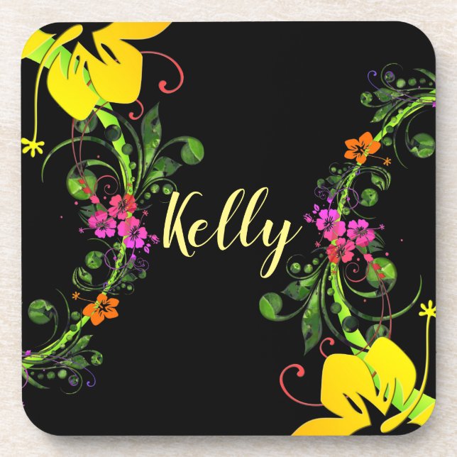 Dessous-de-verre Hibiscus fleur tropical fleuri jaune rose noire (Devant)