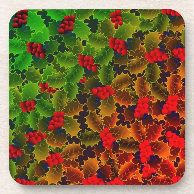 Dessous-de-verre Holly feuille look brillant hiver rouge vert (Devant)