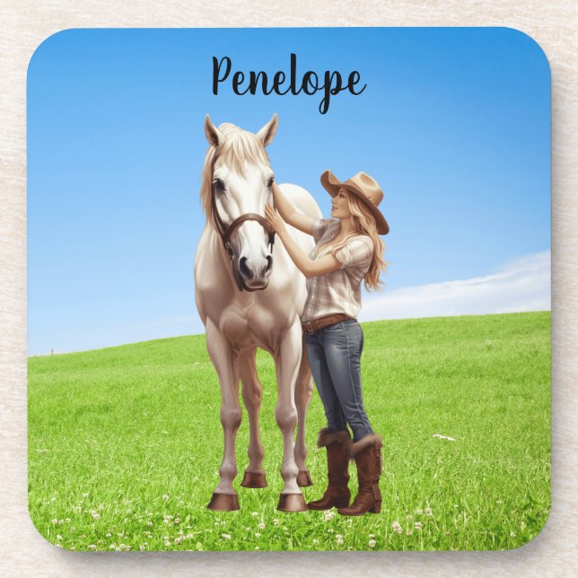 Dessous-de-verre Horse Girl Horseback équitation Meadow Personnalis (Devant)