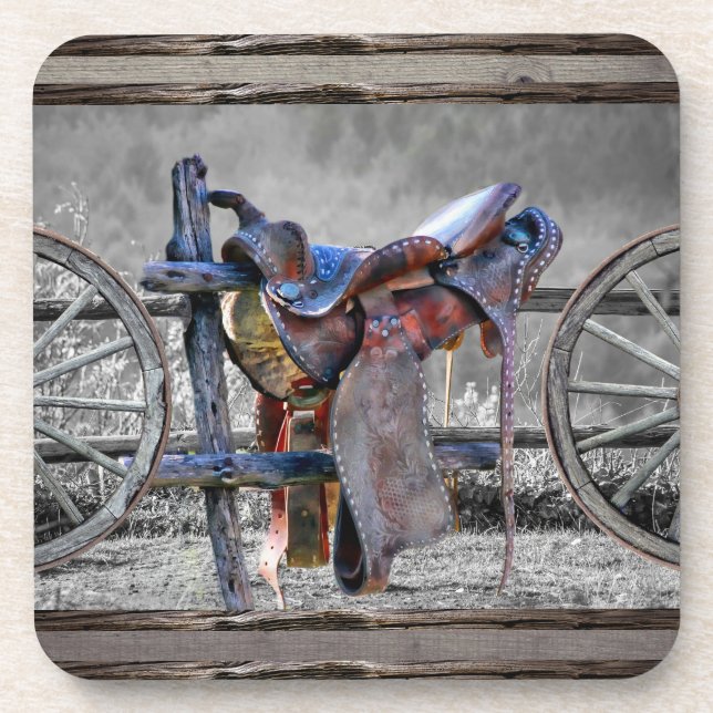Dessous-de-verre Horse Saddle Corral clôture Western Wagon Wheels (Devant)