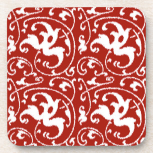 Dessous-de-verre Ikat Floral Damask - Rouge foncé et blanc