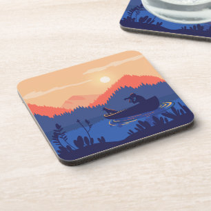 Dessous-de-verre Illustration de canoë sur le lac au coucher du sol