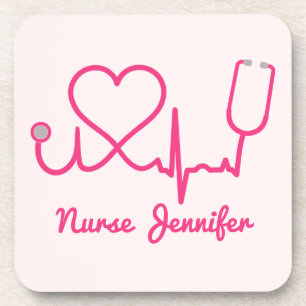 Dessous-de-verre Infirmière personnalisée rose Nom Stethoscope Coeu