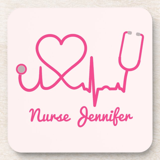 Dessous-de-verre Infirmière personnalisée rose Nom Stethoscope Coeu (Devant)