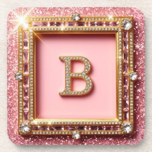 Dessous-de-verre Initiale Diamant B Paillettes Roses Cadre Doré Mon