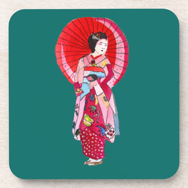 Dessous-de-verre Japonais Geisha rouge kimono art mignon (Devant)
