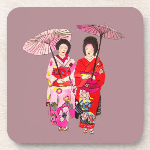 Dessous-de-verre Japonais mignon Geisha avec kimono rose