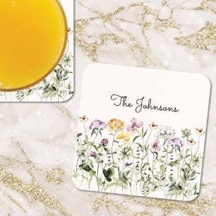Dessous-de-verre Jardin de fleurs sauvages à aquarelle monogrammée