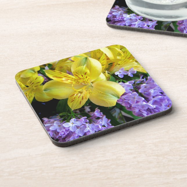 Dessous-de-verre Jaune et Fleurs Lilac Violettes (Côté gauche)