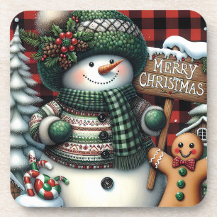 Dessous-de-verre Joli bonhomme de neige de Noël vert