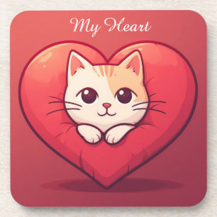 Dessous-de-verre Joli Chat Blanc avec Design Kawaii de l'Amour de K