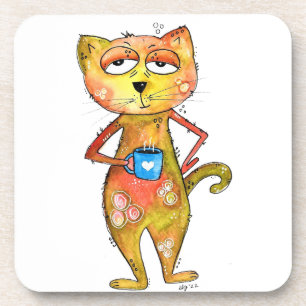 Dessous-de-verre Joli Chat Fantaisiste Fatigué Buvant du Café