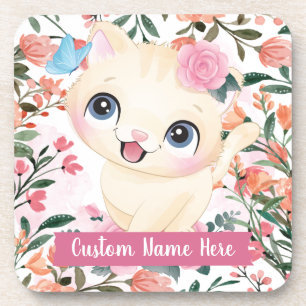 Dessous-de-verre Joli Chat Roses Roses Rouges Fleurs Nom Personnali