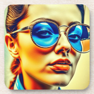 Dessous-de-verre Jolie Dame avec Lunettes de soleil Bleues avec Réf