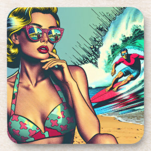 Dessous-de-verre Jolie femme rétro blonde et mec surfeur