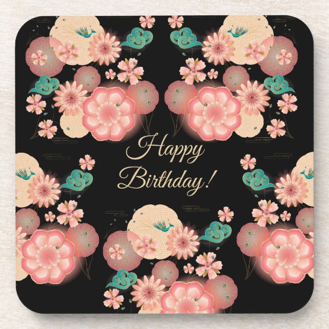 Dessous-de-verre Joyeux anniversaire - jardin de fleurs de pêche de (Devant)