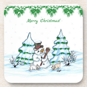 Dessous-de-verre Joyeux Noël ! Bonhomme de neige avec chat et chiot
