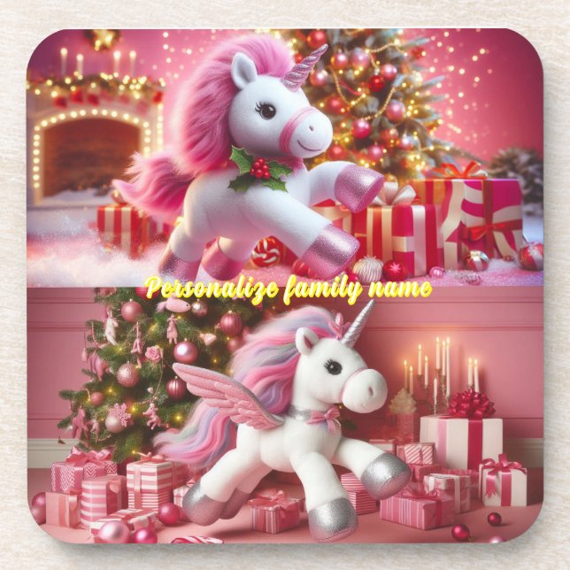 Dessous-de-verre Joyeux Noël rose licorne personnaliser (Devant)