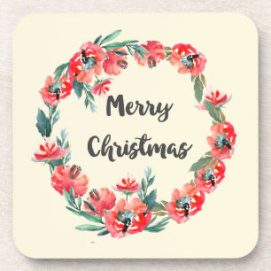 Dessous-de-verre Joyeux Noël Rouge Floral Aquarelle Wreath