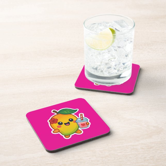 Dessous-de-verre Kawaii Mango - Fruit d'amour avec Smoothi de coeur (Côté Droit)