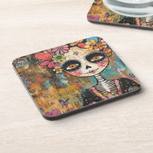 Dessous-de-verre La Catrina squelette avec couronne de fleurs