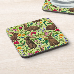 Dessous-de-verre Lapins et fleurs sauvages sur le vert miel