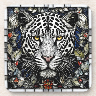 Dessous-de-verre Léopard noir et blanc entouré de fleurs