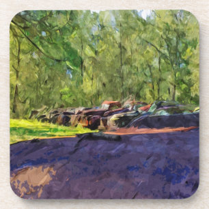 Dessous-de-verre Ligne de vieux wagons et camions rouillés Abstrait